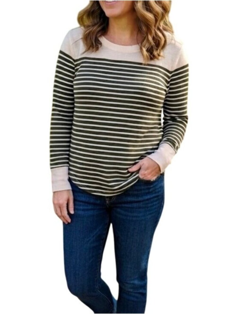 Loft Women's Olive Green Striped Long Sleeve Top Shirt Size Large